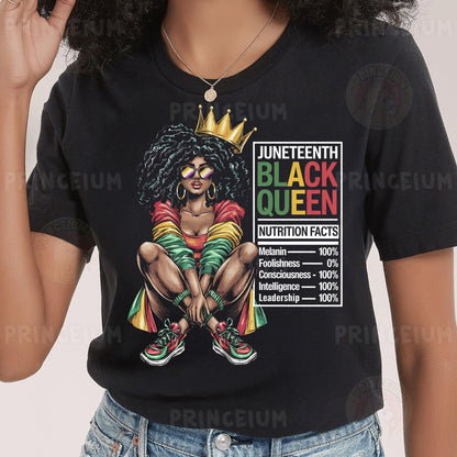 a woman wearing a black t - shirt with a black queen on it
