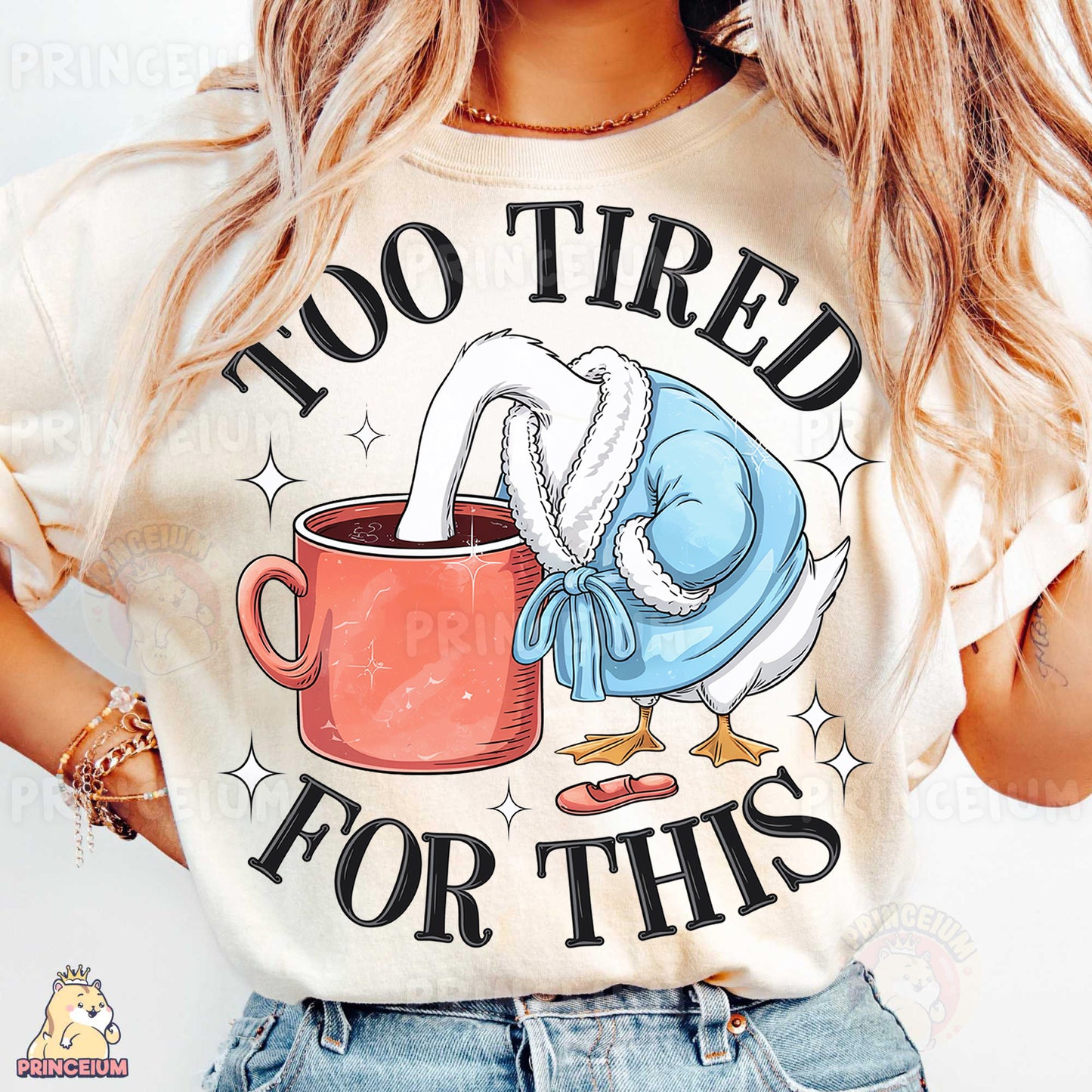 a woman wearing a t - shirt that says, too tired for this