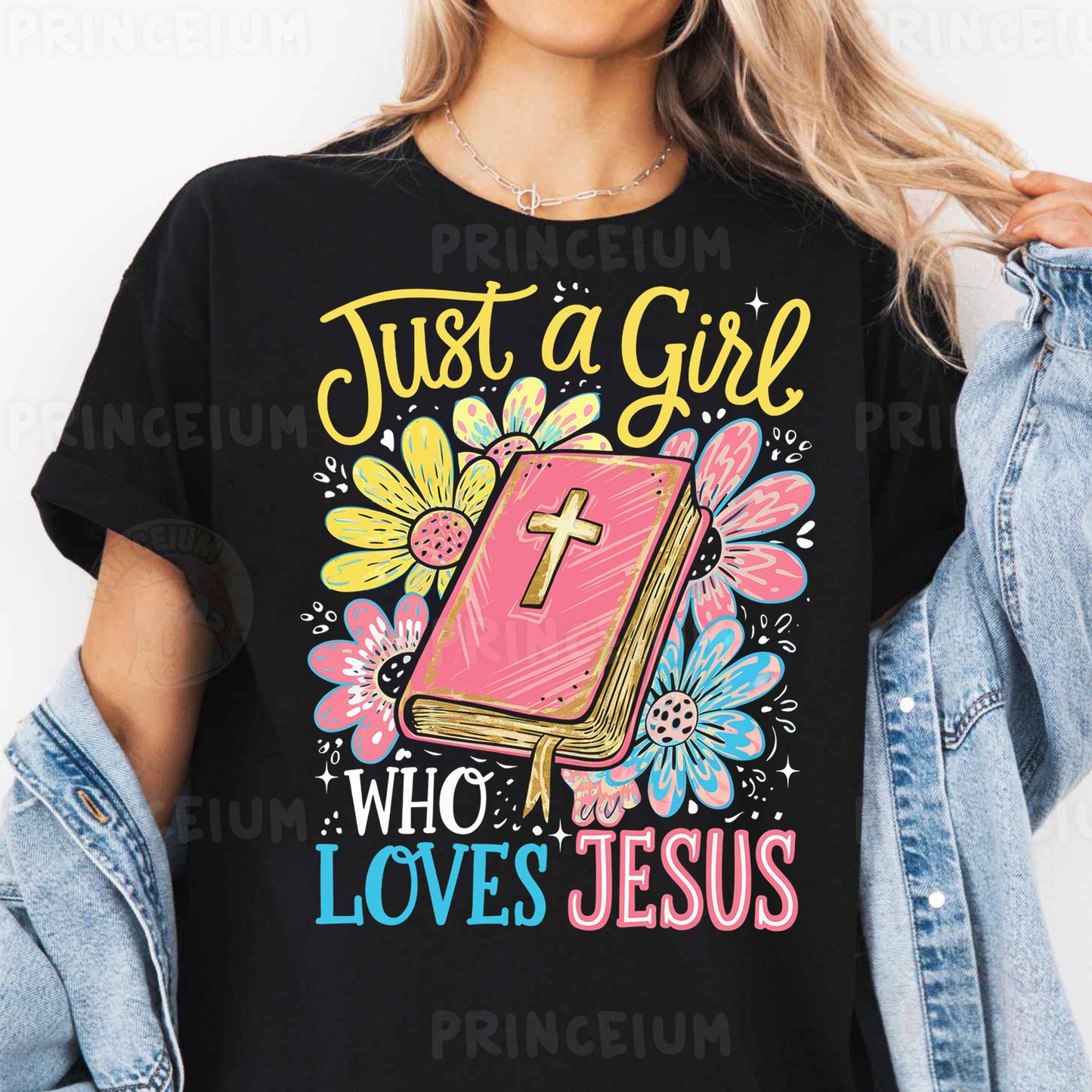 a woman wearing a t - shirt that says just a girl who loves jesus