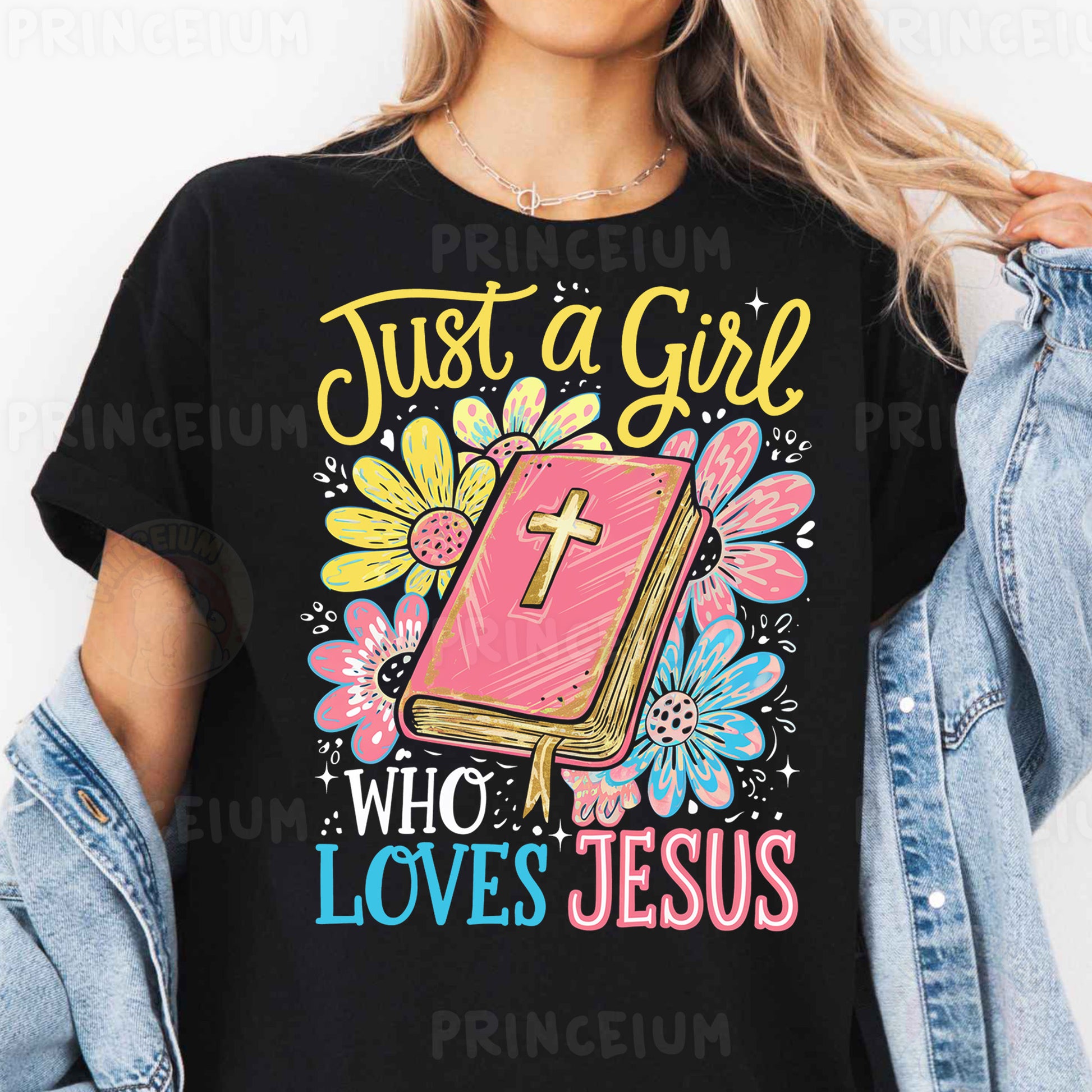 a woman wearing a t - shirt that says just a girl who loves jesus
