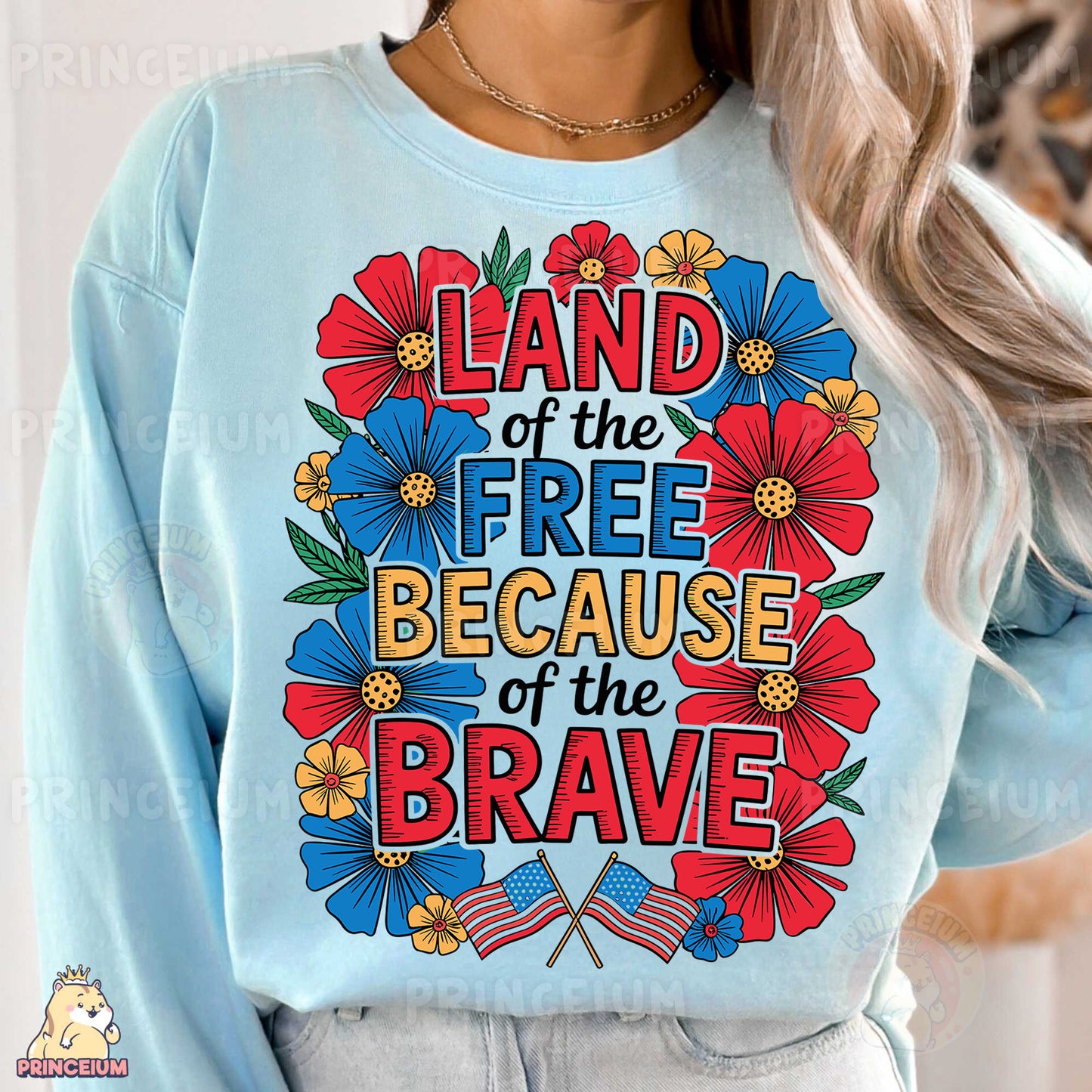 a woman wearing a blue sweatshirt that says land of the free because of the brave