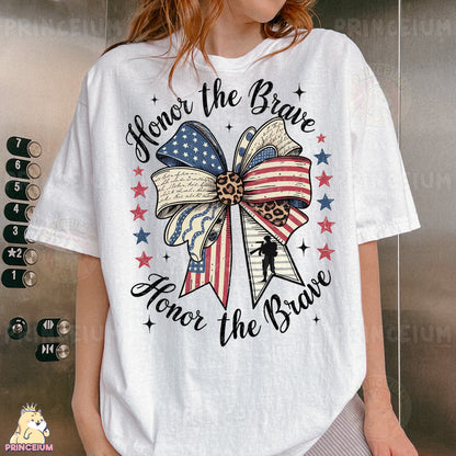 a woman wearing a white t - shirt with a patriotic bow