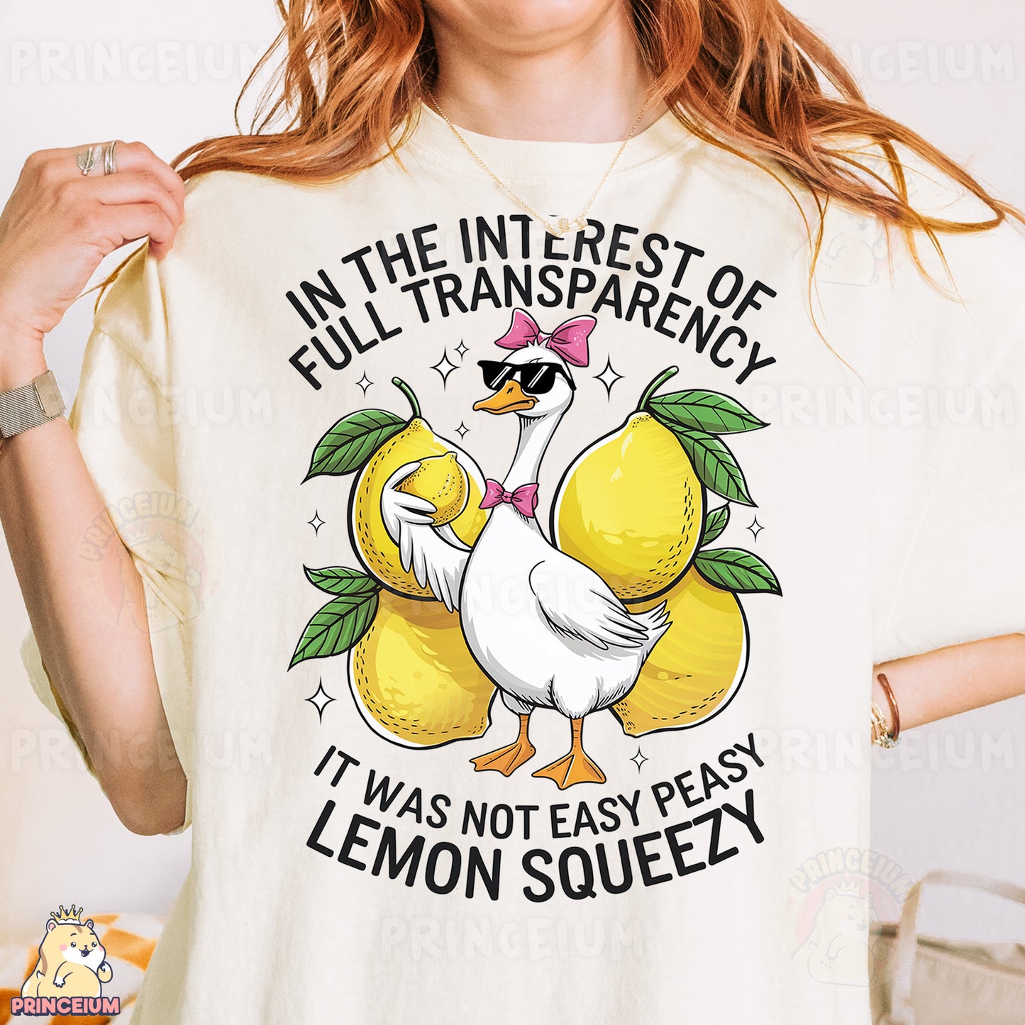 a woman wearing a t - shirt with lemons on it