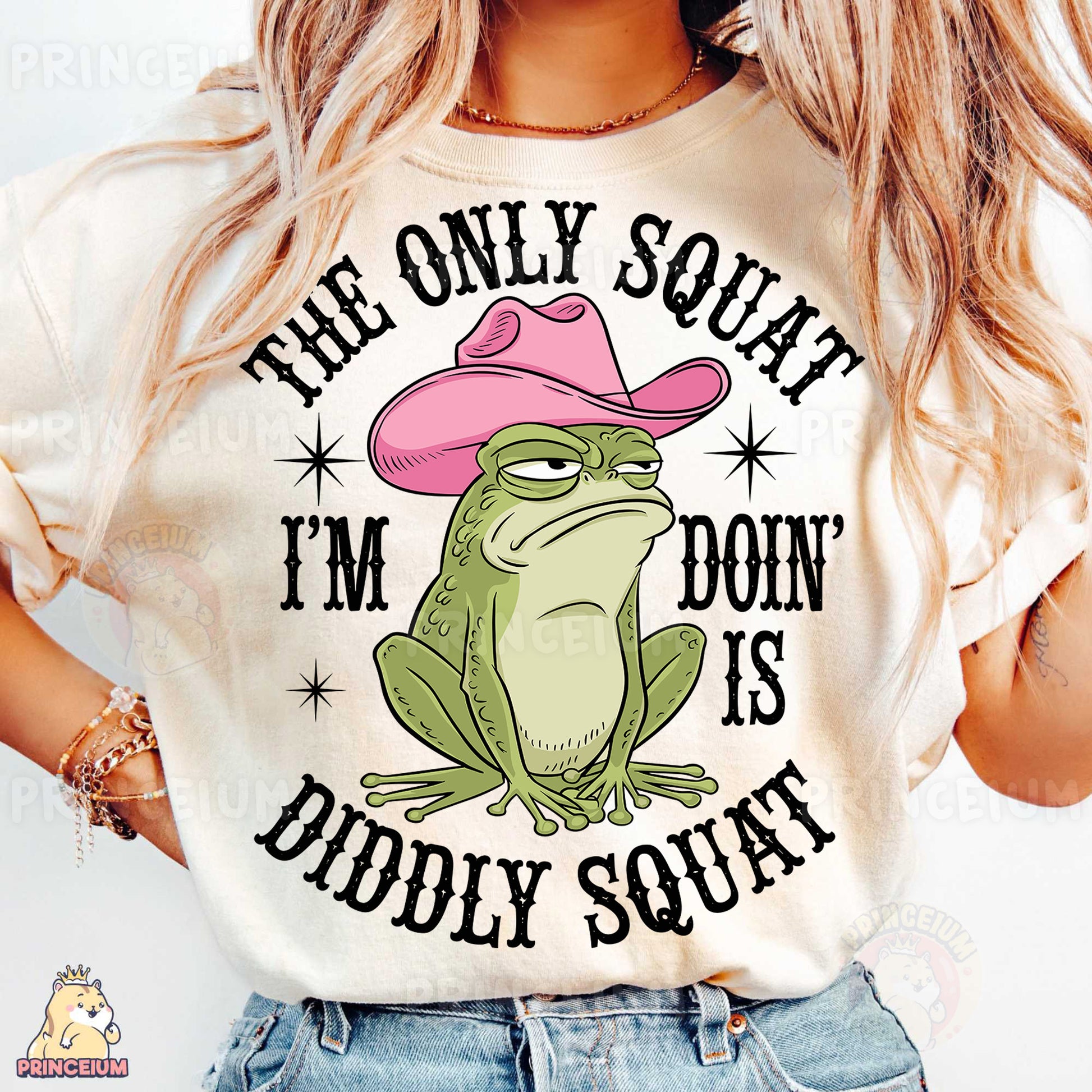 a woman wearing a t - shirt that says the only squatt i'm