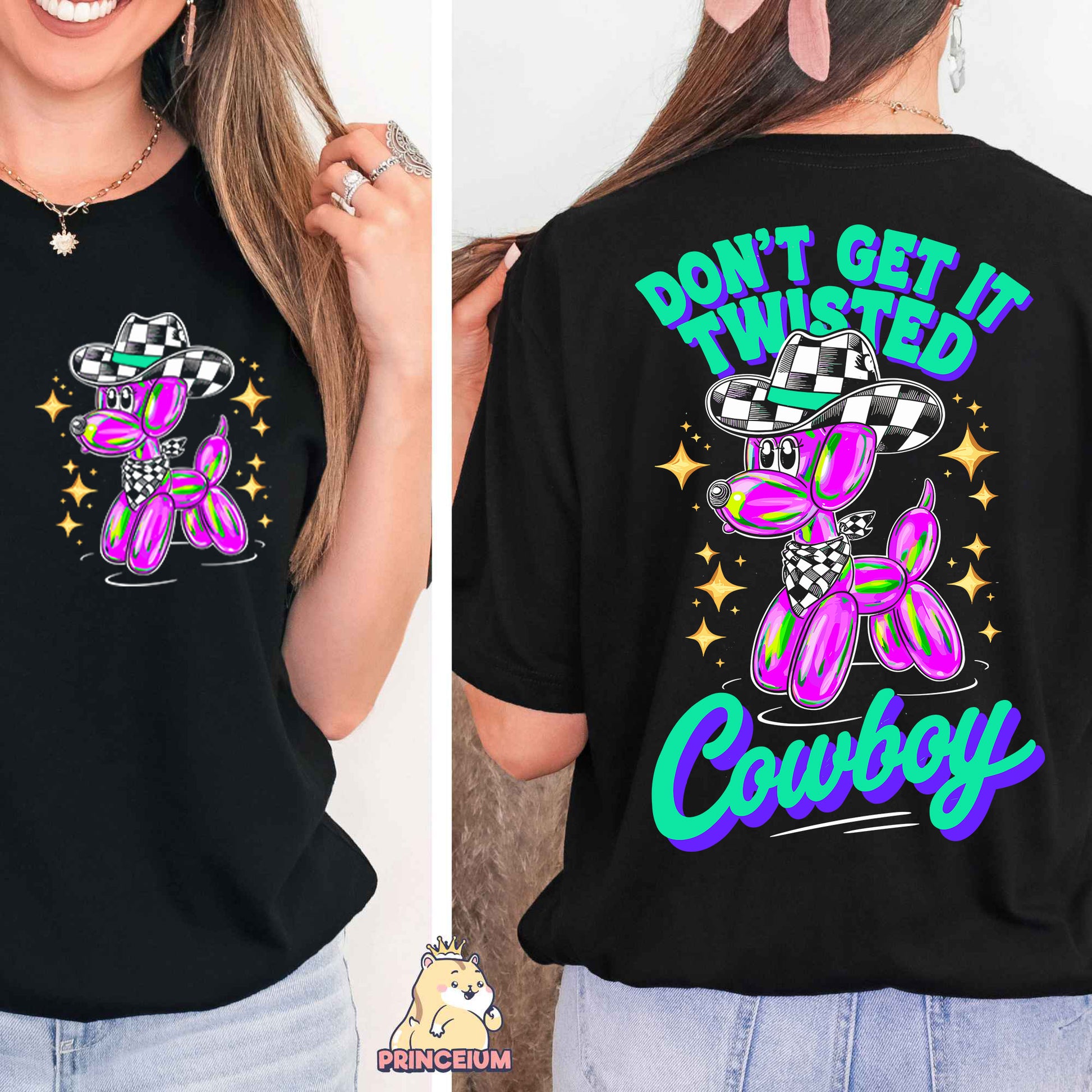 a woman wearing a black shirt with a pink teddy bear on it