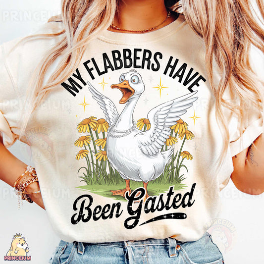 a woman wearing a t - shirt that says, my flabbers have been