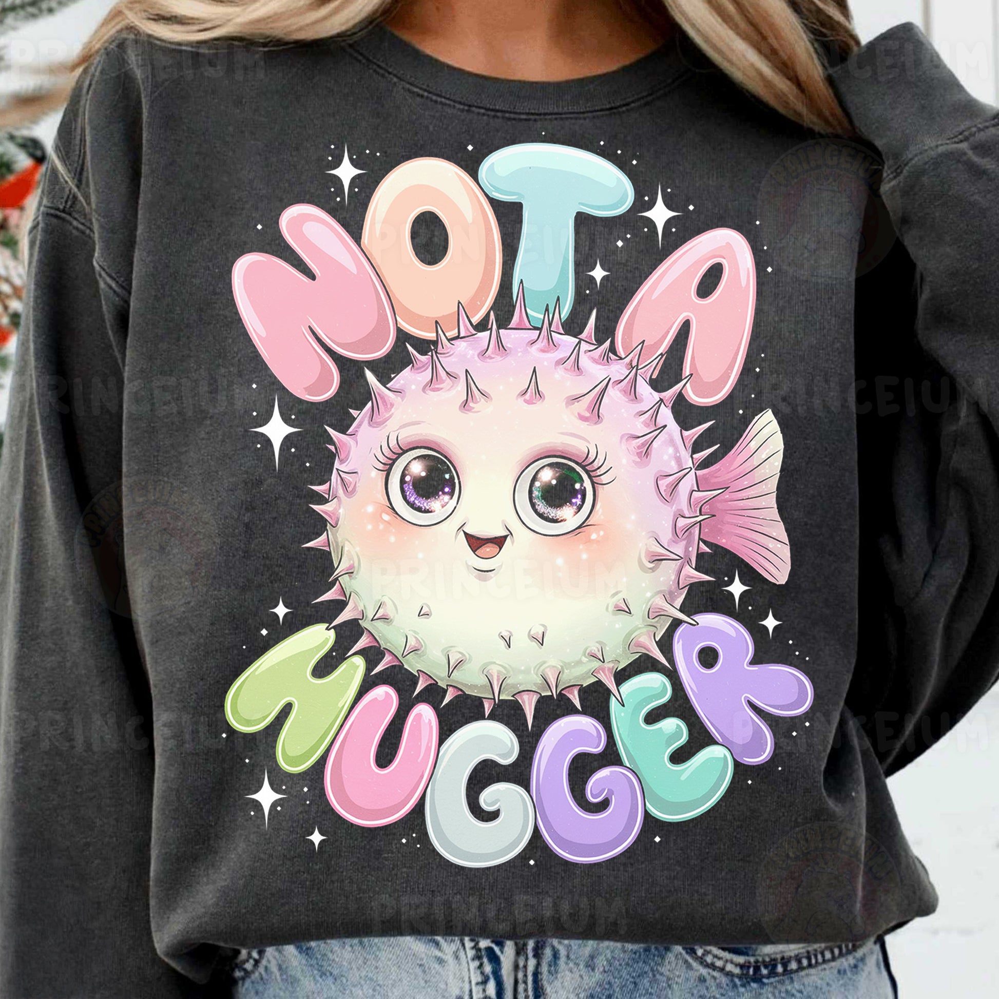 a woman wearing a black sweatshirt with a puffy puffy puffy puffy