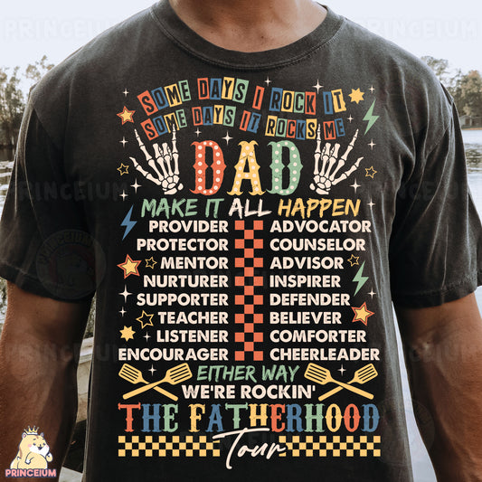 a man wearing a t - shirt with a list of fathers on it