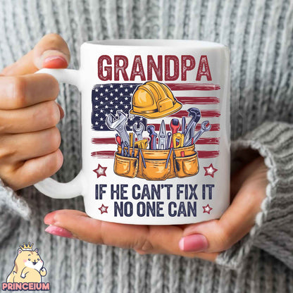 a woman holding a coffee mug with a picture of a construction worker