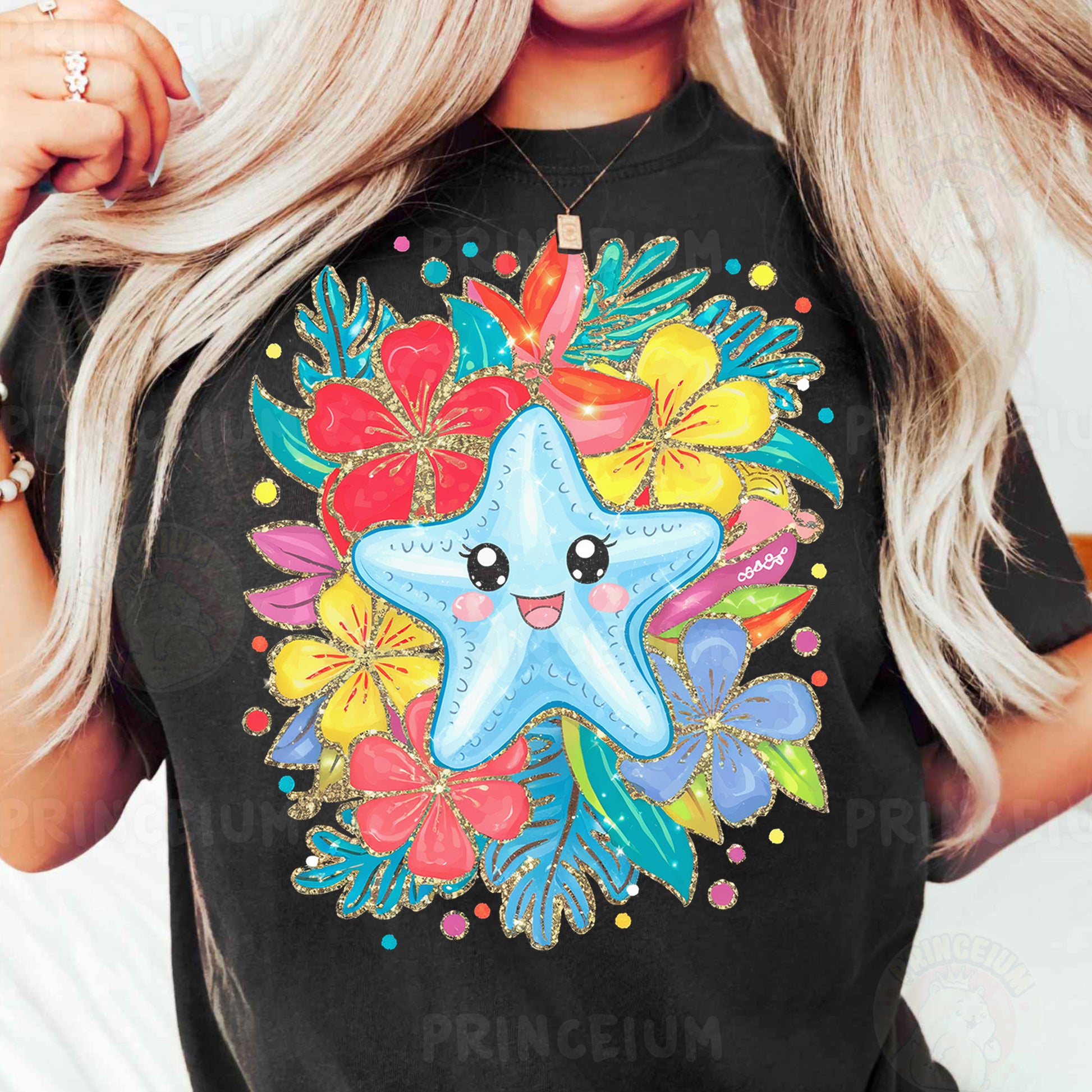 a woman wearing a black shirt with a starfish on it