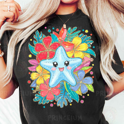 a woman wearing a black shirt with a starfish on it