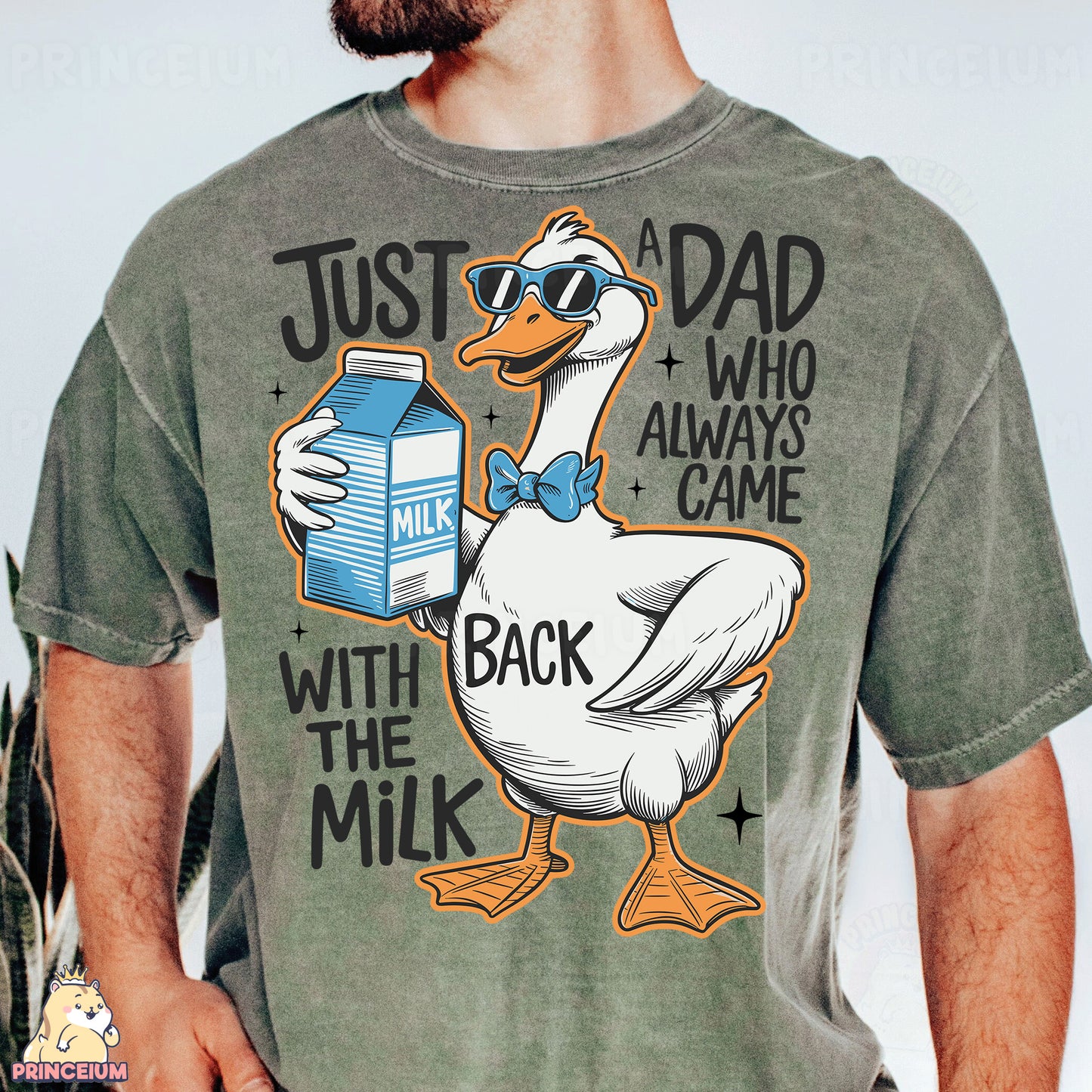 a man wearing a shirt with a duck holding a carton of milk