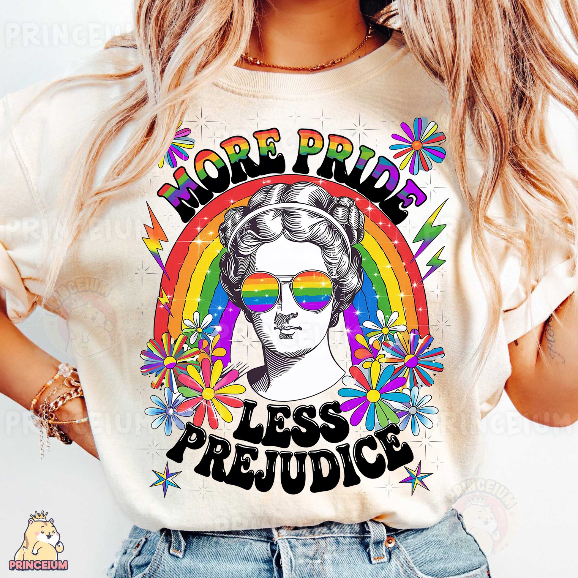 a woman wearing a t - shirt that says more pride less pride
