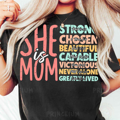 a woman wearing a black shirt that says she is a mom