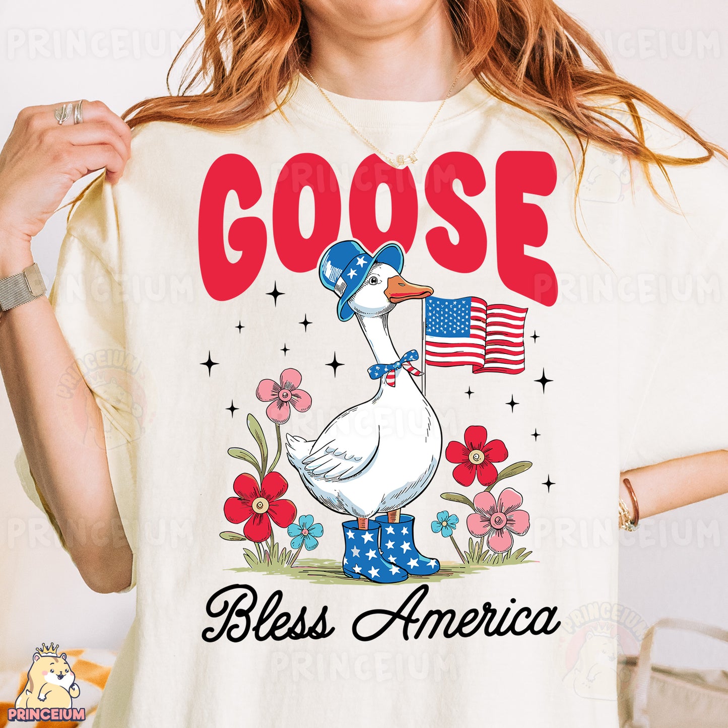 a woman wearing a goose t - shirt with an american flag
