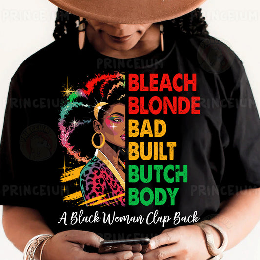 a woman wearing a black t - shirt that says, bleach blonde,