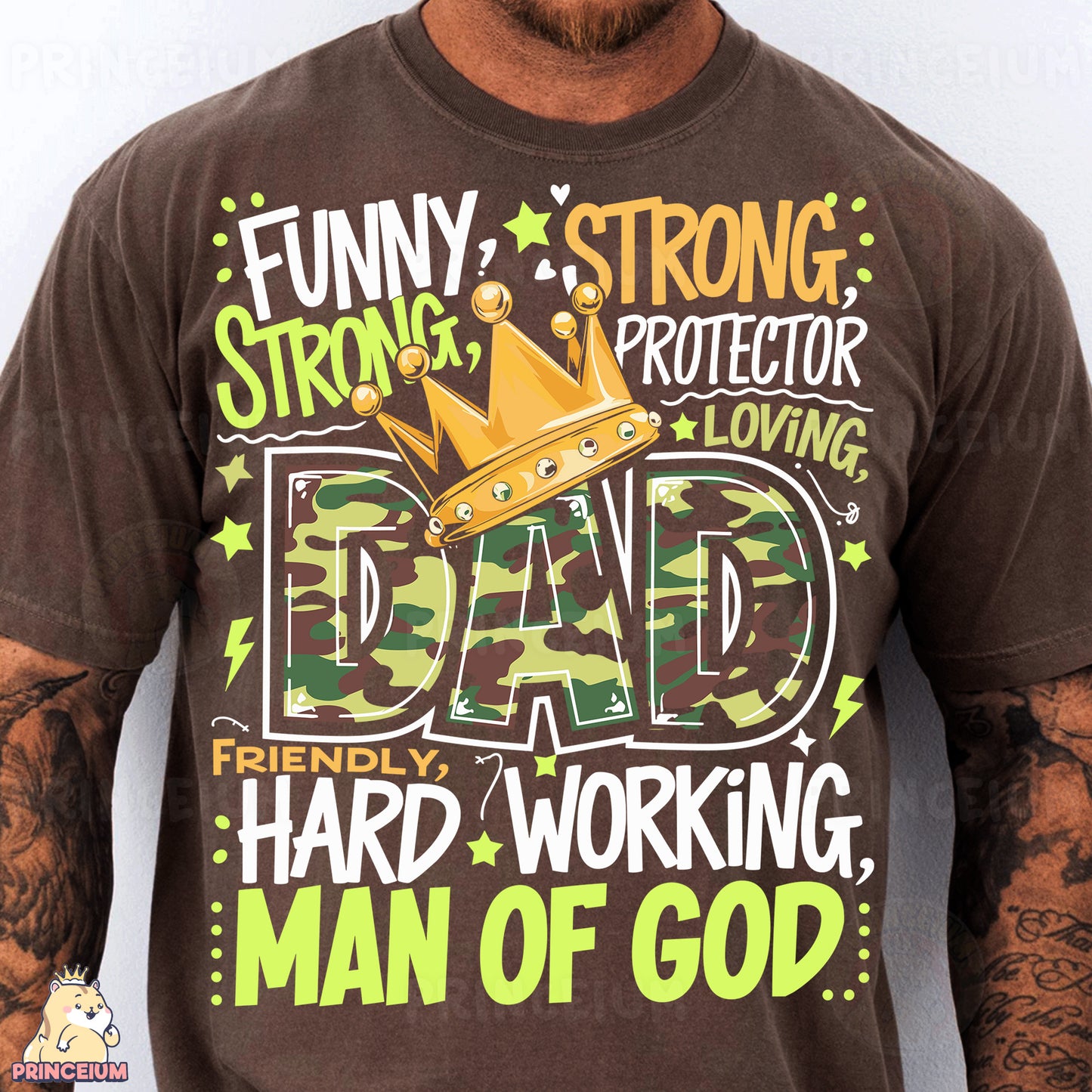 a man wearing a funny t - shirt with a crown on it