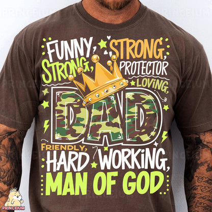 a man wearing a funny t - shirt with a crown on it