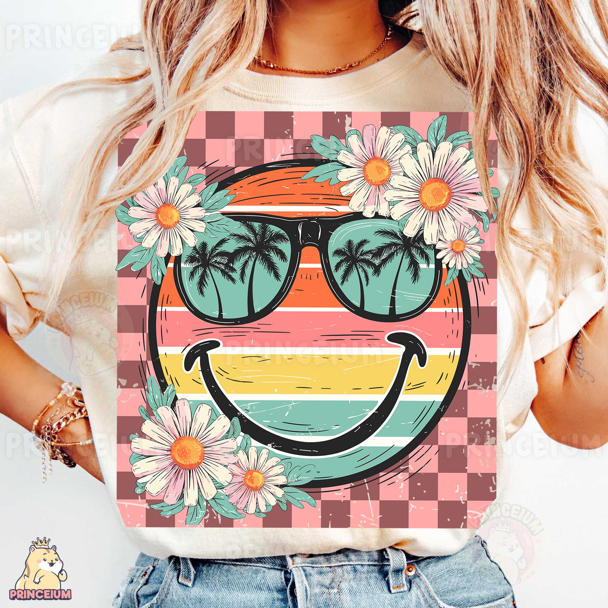 a woman wearing a t - shirt with a smiley face wearing sunglasses