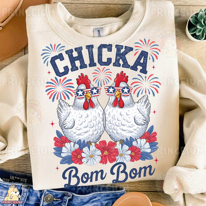 a white shirt with two chickens on it