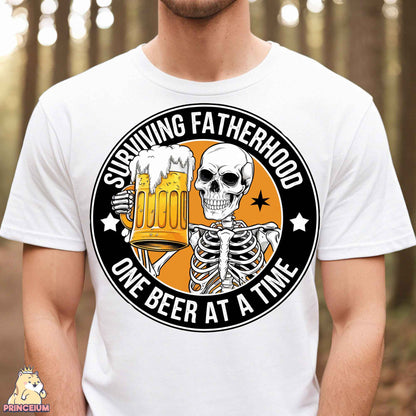 a man wearing a white t - shirt with a skeleton holding a mug of beer