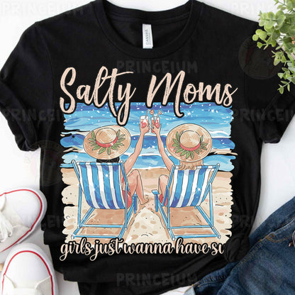 a black shirt with a picture of two people sitting in lawn chairs on the beach
