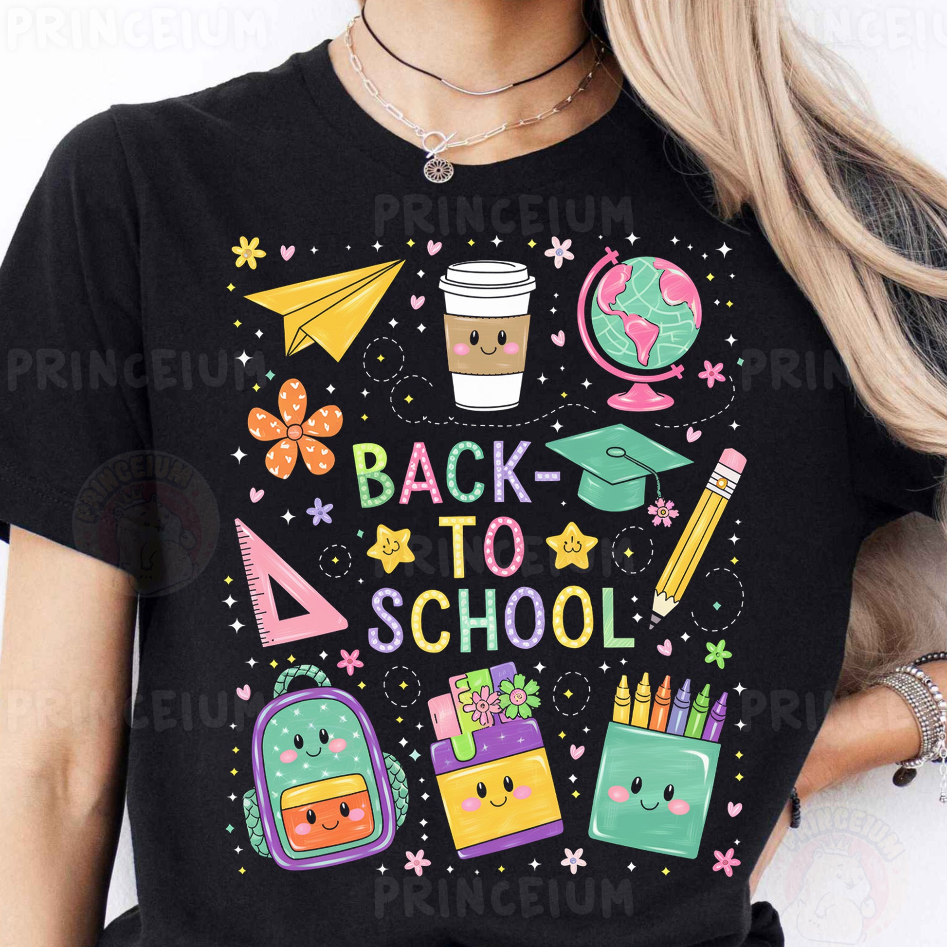 a woman wearing a black back to school shirt