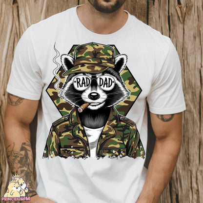 a man wearing a shirt with a raccoon on it