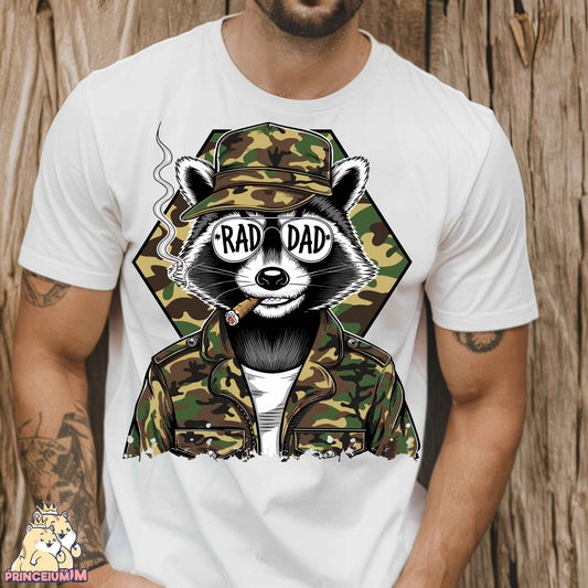 a man wearing a shirt with a raccoon on it