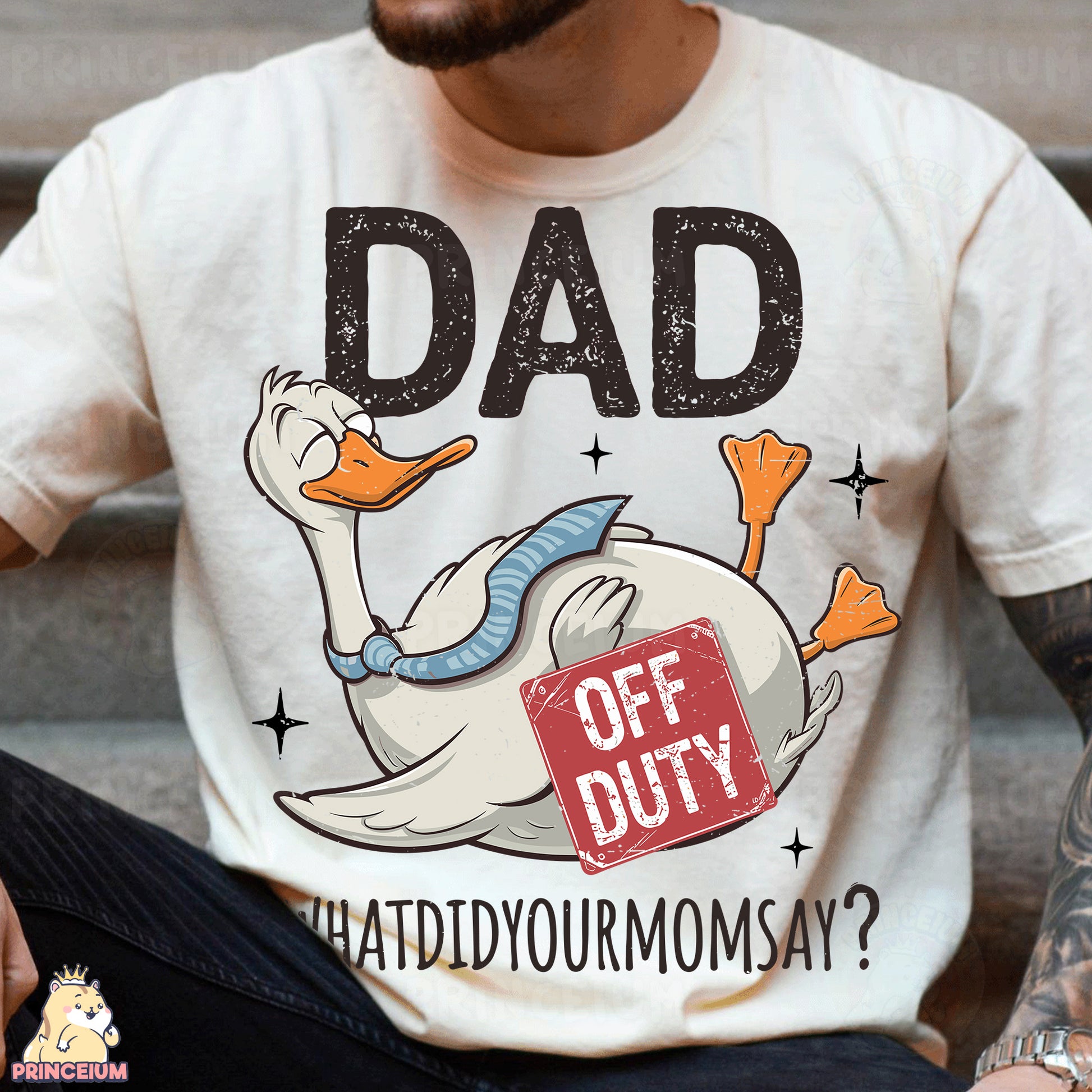 a man wearing a dad duck t - shirt