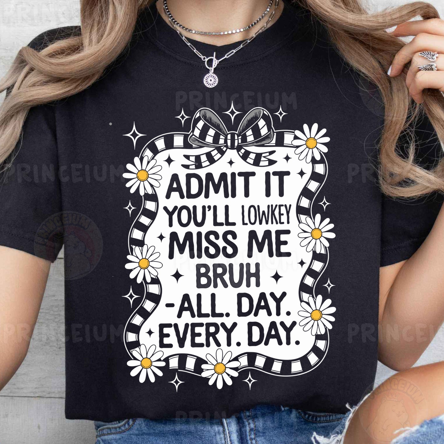 a woman wearing a black t - shirt that says admit it you'll '