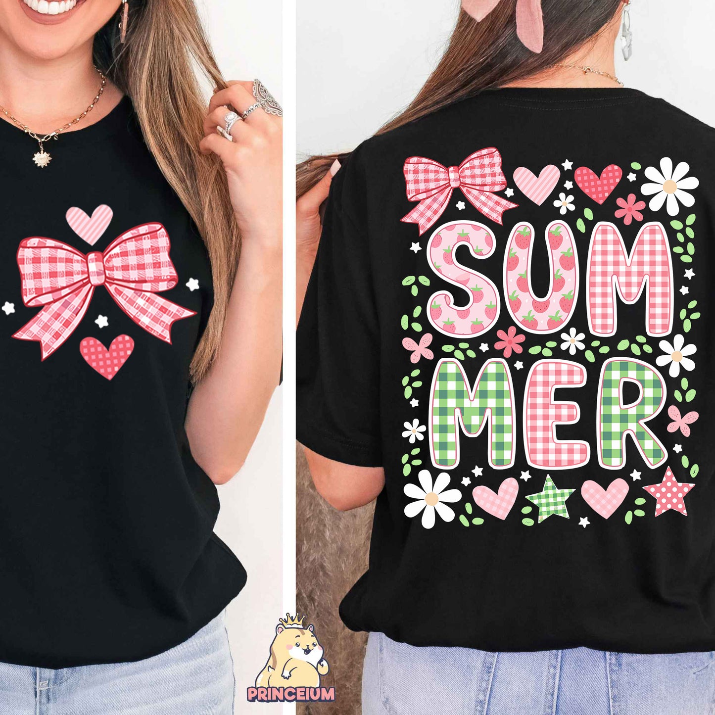 a woman wearing a black shirt with a pink bow