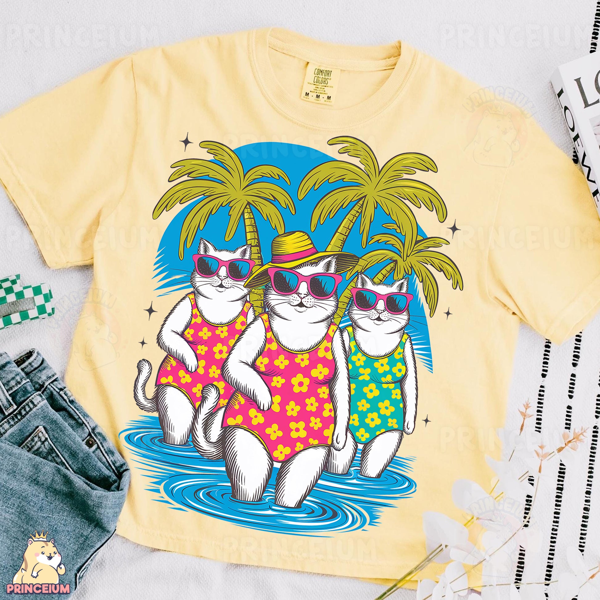 a yellow shirt with two cats wearing sunglasses