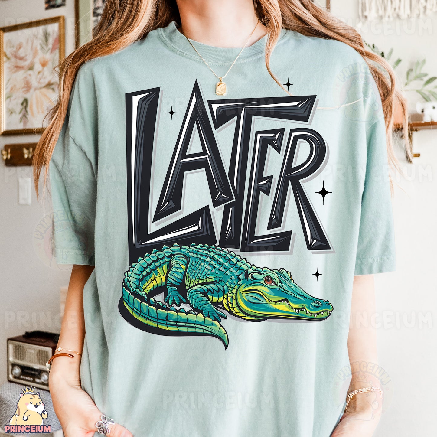 a woman wearing a t - shirt with an alligator on it