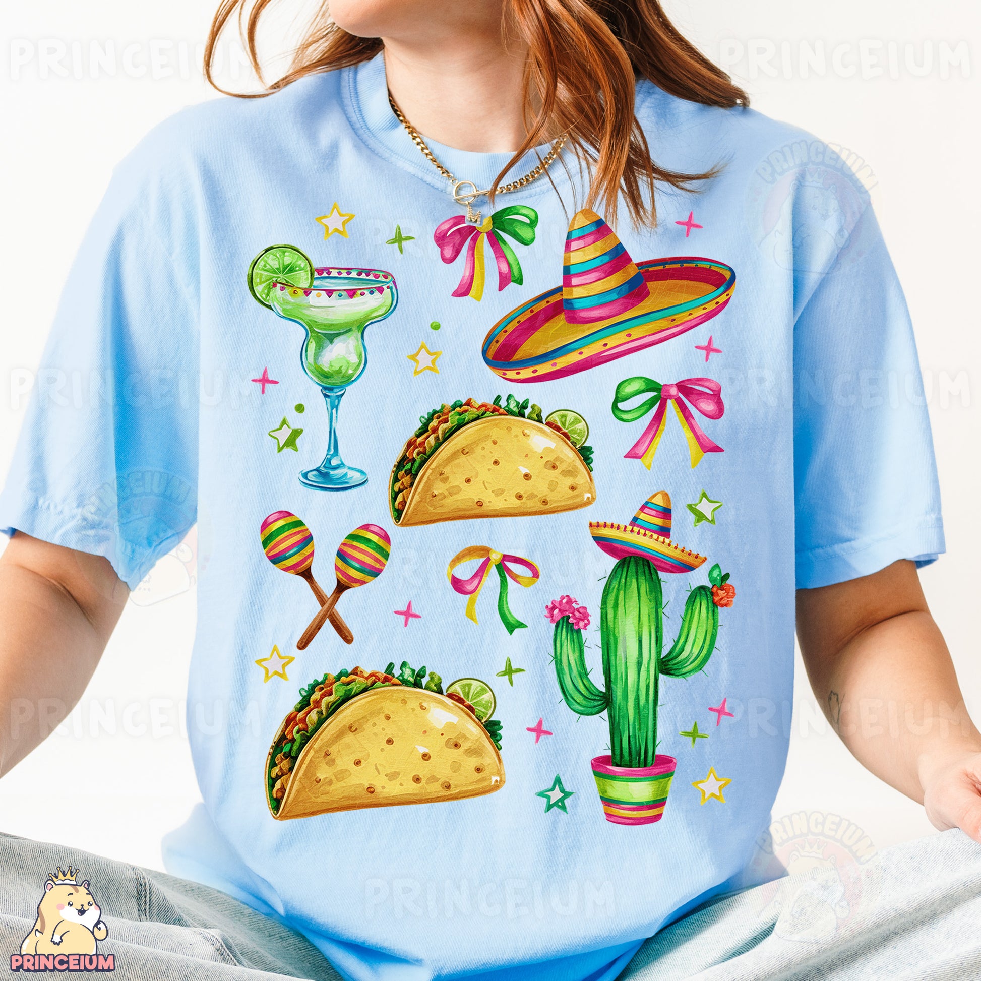 a woman wearing a blue t - shirt with tacos and sombreros on