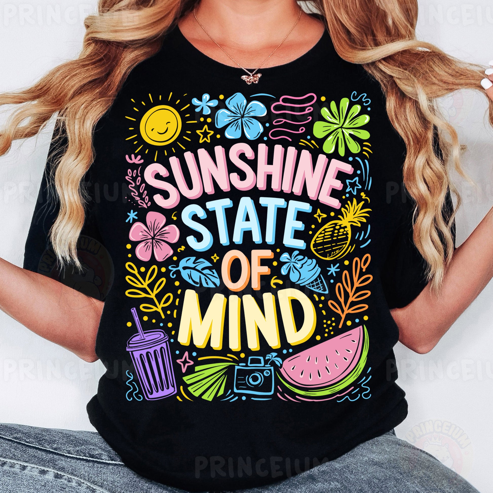 a woman wearing a black shirt that says sunshine state of mind