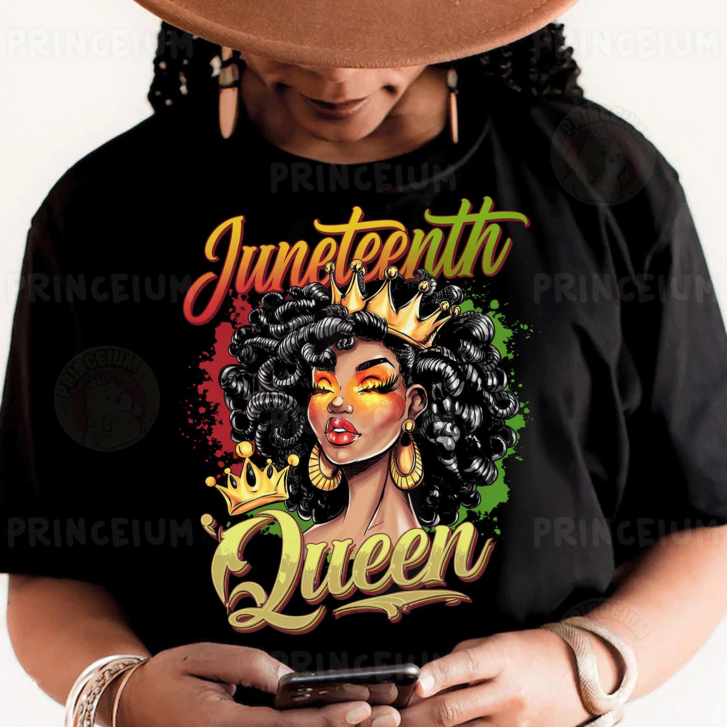 a woman wearing a black shirt with a crown on her head