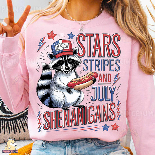 a woman wearing a pink shirt with a raccoon on it