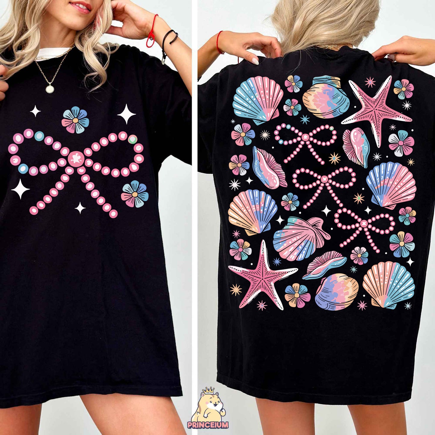 a woman wearing a black shirt with seashells on it