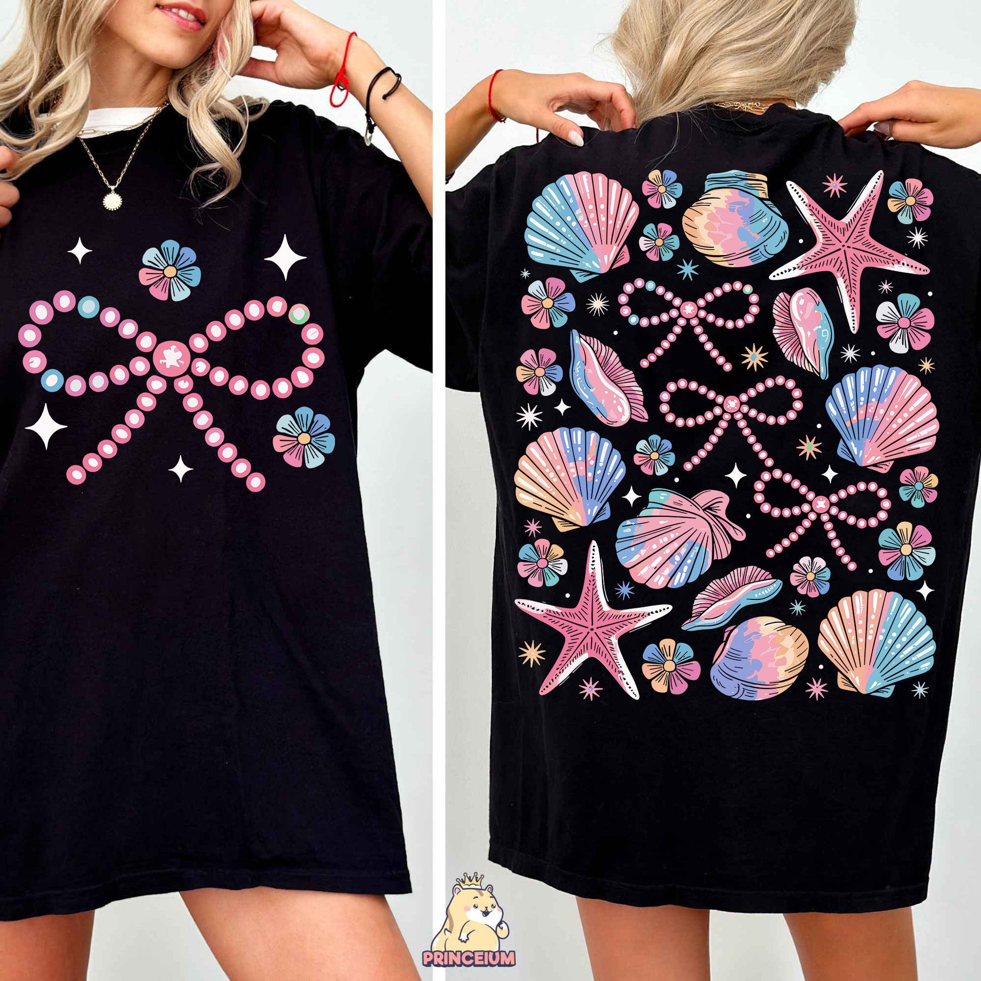 a woman wearing a black shirt with seashells on it