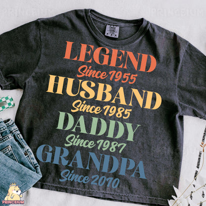 a shirt that says legend since 1953, husband since 1989, and grandpa since 2010