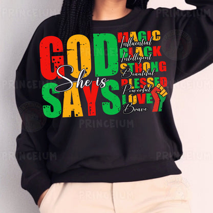 a woman wearing a black sweatshirt with the words god says