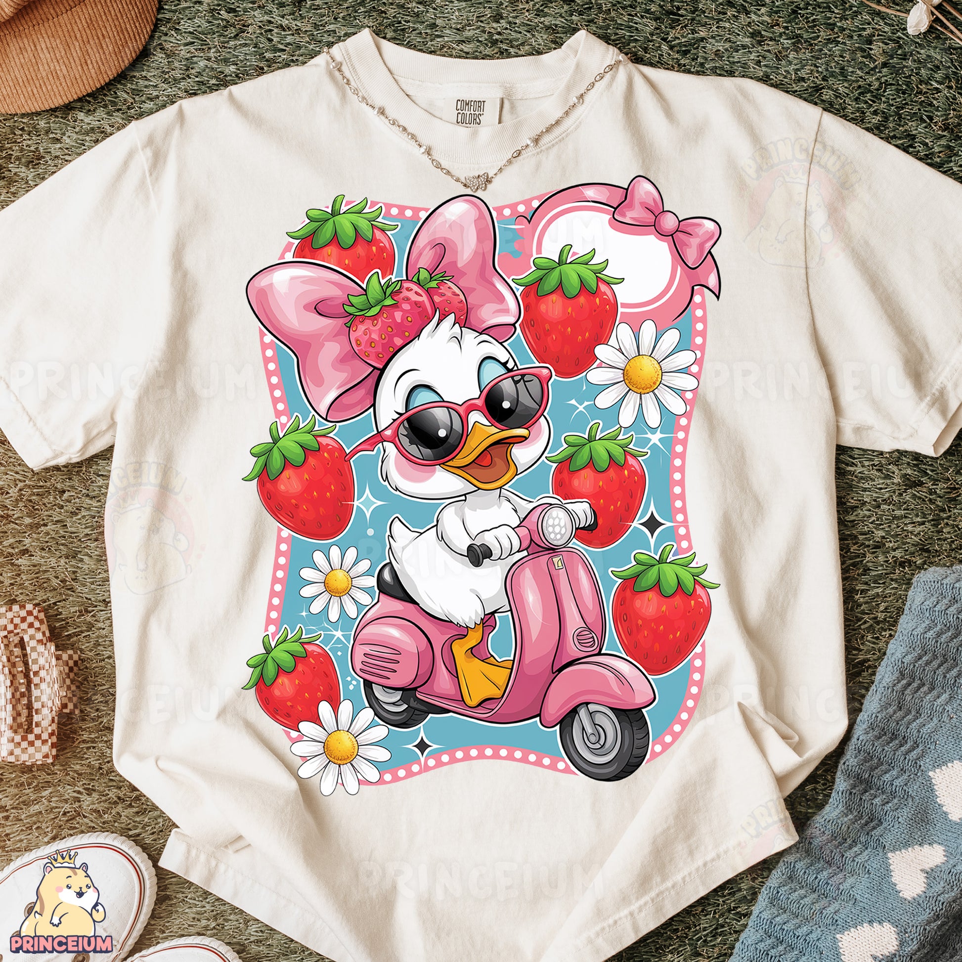 a t - shirt with an image of a duck riding a scooter