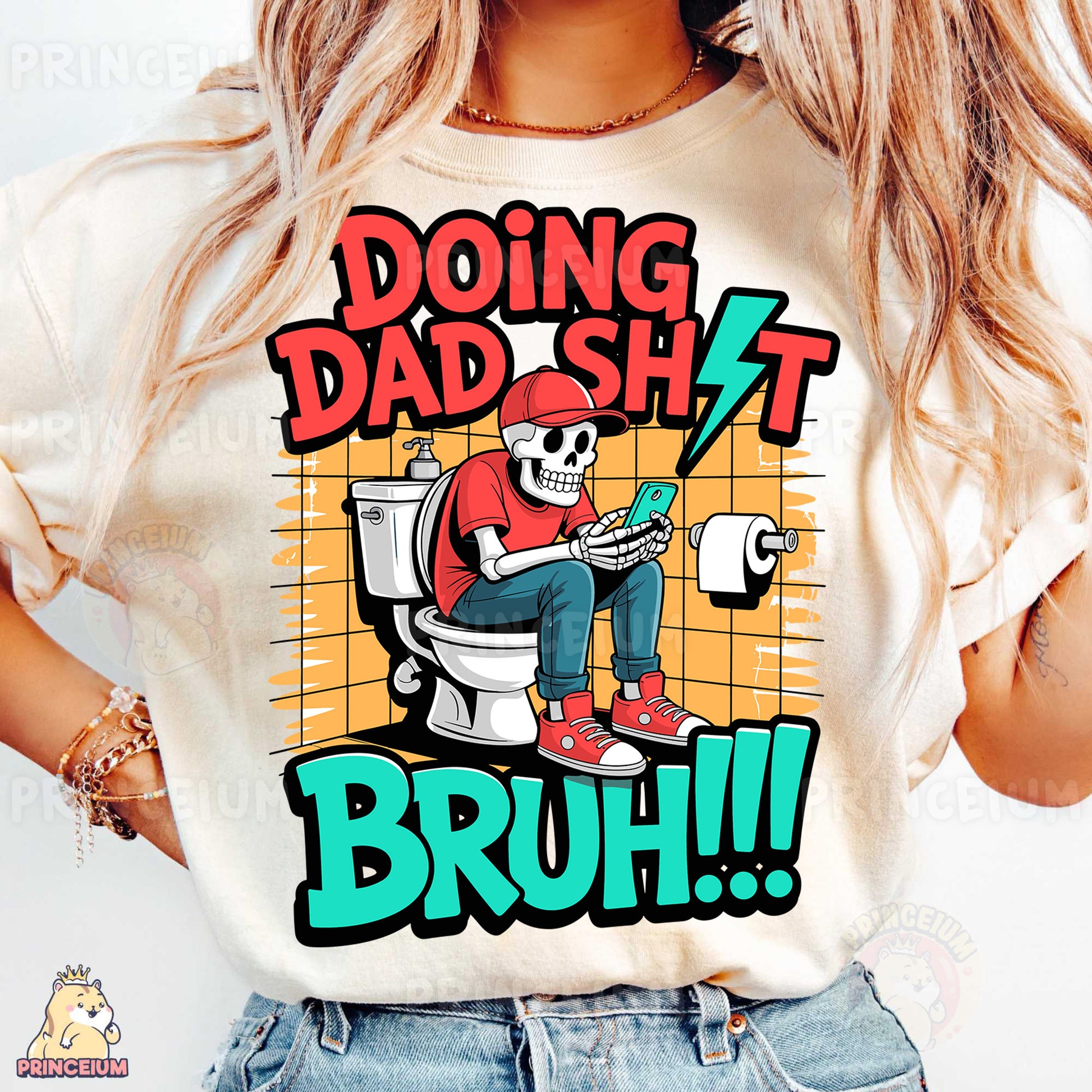 a woman wearing a t - shirt with a cartoon of a man on a toilet