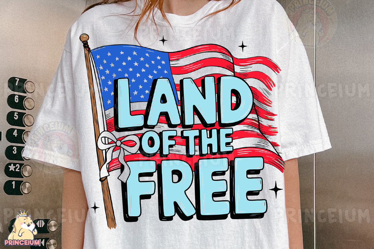 a woman wearing a t - shirt that says land of the free