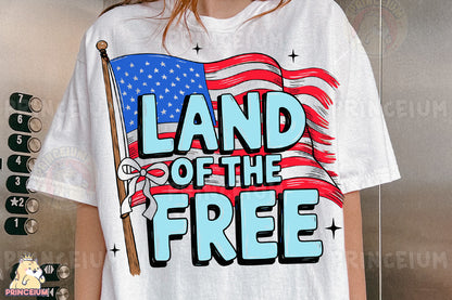 a woman wearing a t - shirt that says land of the free