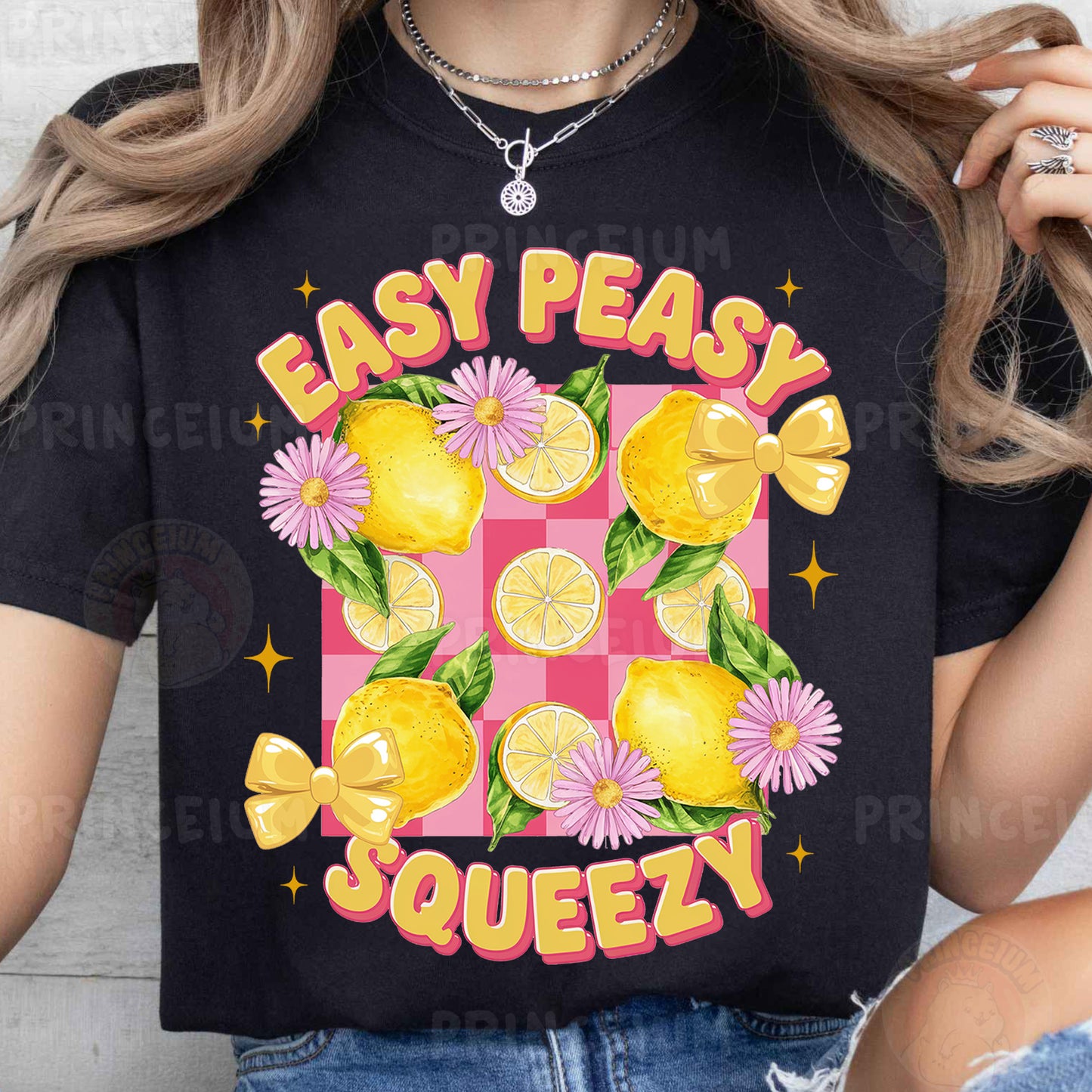 a woman wearing a t - shirt that says easy peasy squeezey