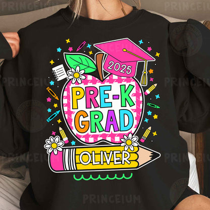 a woman wearing a black shirt with a pink and green graphic on it