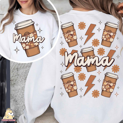 a woman wearing a white shirt with a picture of a cup of coffee on it