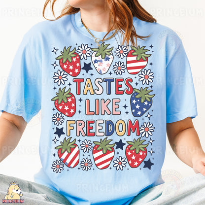 a woman wearing a t - shirt that says tastes like freedom
